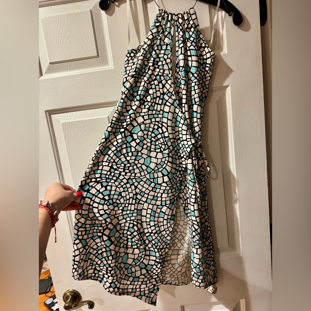 Elegant Mosaic Patterned Halter Wrap Dress